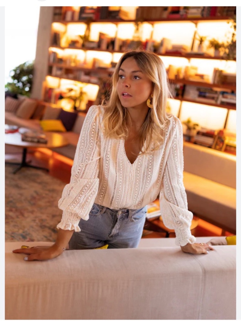 Boho Crochet V-Neck Blouse in Cream